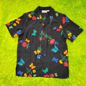 Vintage Alfred Dunner Black Floral Butterfly Short Sleeve Blouse, 6P